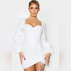 White Long Sleeve Sweetheart Neck Ruched Shirt Dress